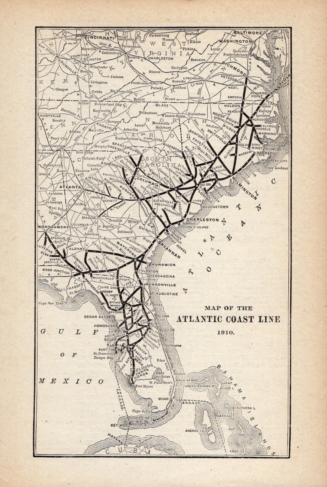 1910 Antique ATLANTIC COAST Line RAILROAD Map Vintage Railway Map 1624
