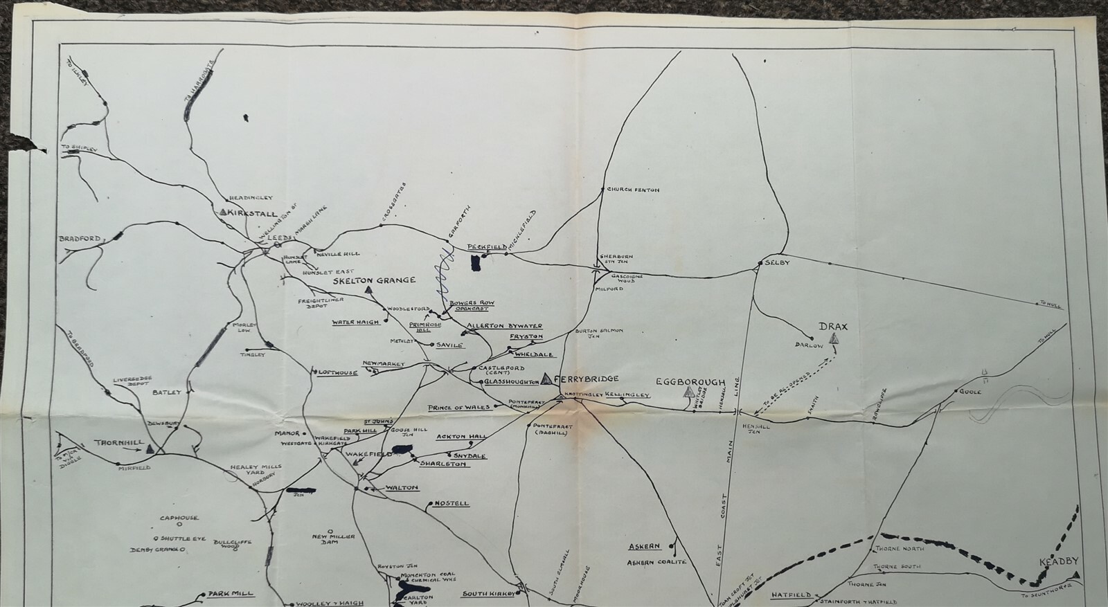 BR MAP OF COLLERIES POWER STATIONS NOTTINGHAMSHIRE YORKSHIRE DIAGRAM MAP 1950s