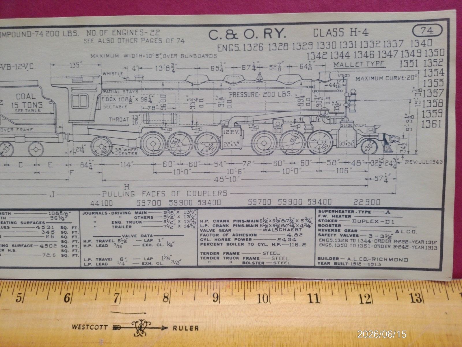 CHESAPEAKE & OHIO RAILROAD ORIG PRINTED DIAGRAM CLASS H-4 LOCOMOTIVE #1326-1361