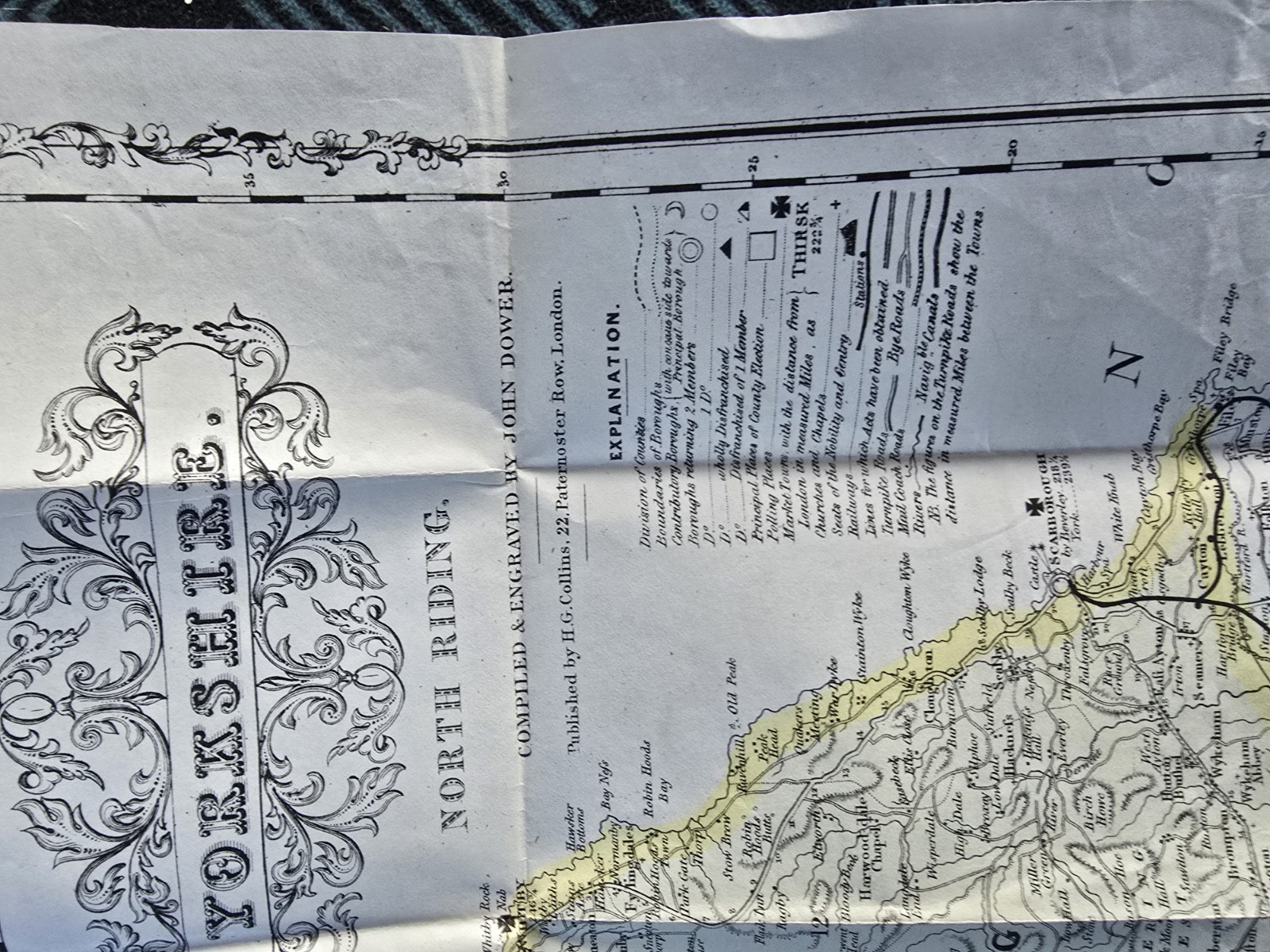 Collins Map Yorkshire North Riding c1855 Railways John Dower Victorian Folding