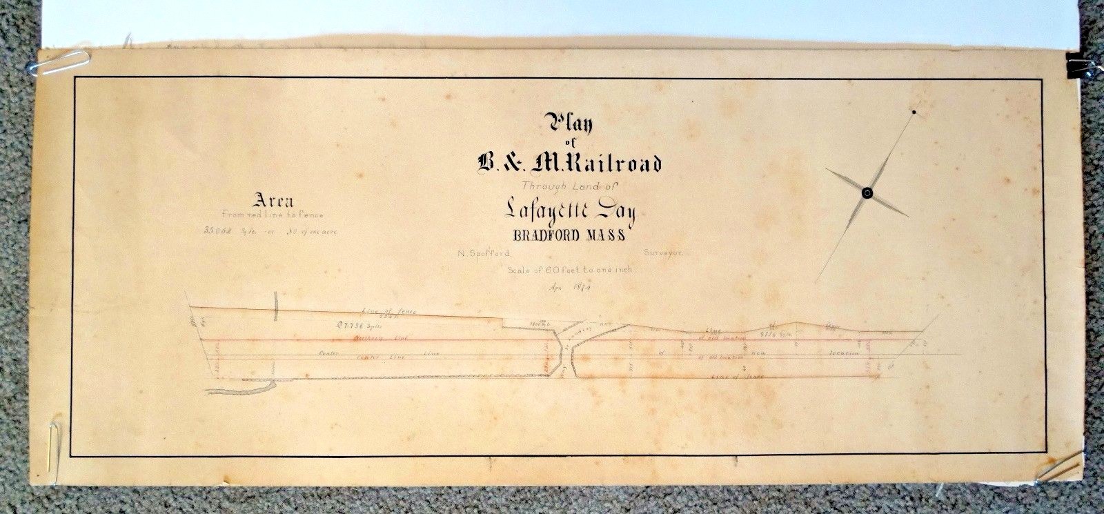 Antique RAILROAD MAP Lot of 2 BRADFORD MA April 1874 B & M Survey Lafayette Day