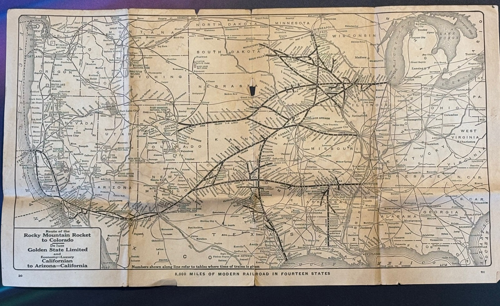 VTG American Railroad Map California To AZ “Rocky Mountain Rocket” 1940’s-50’s