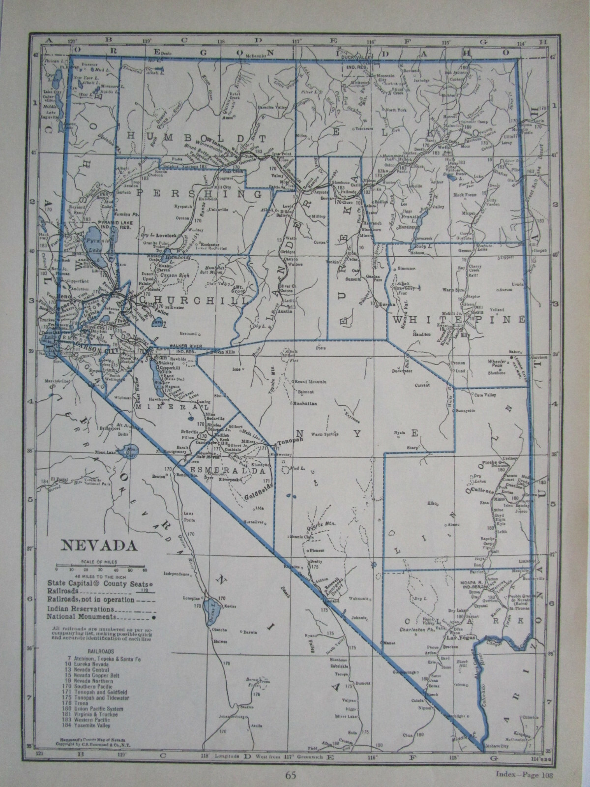 NV NH 1933 NEVADA RAILROAD Map TONAPAH & TIDEWATER RR ~or~ NEW HAMPSHIRE