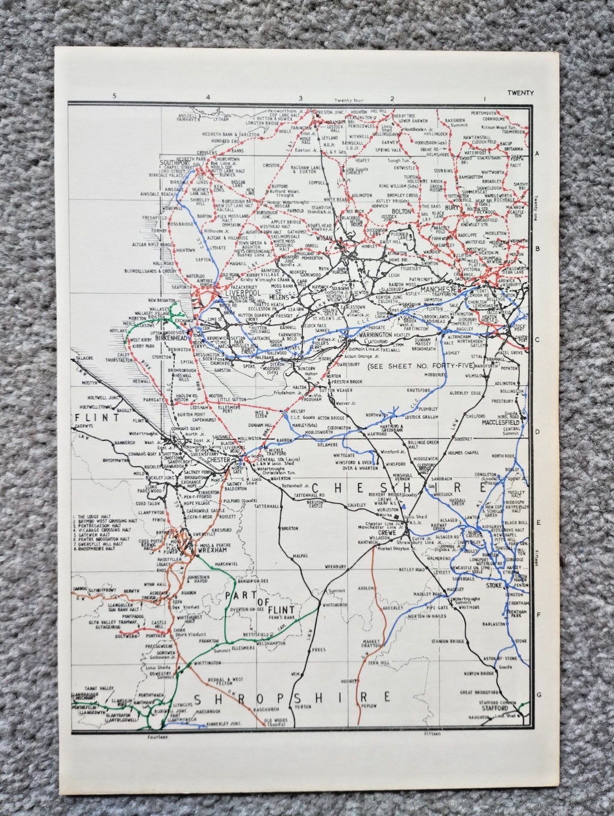Vintage 1976 map showing Pre Grouping Rail Lines of Cheshire and Merseyside