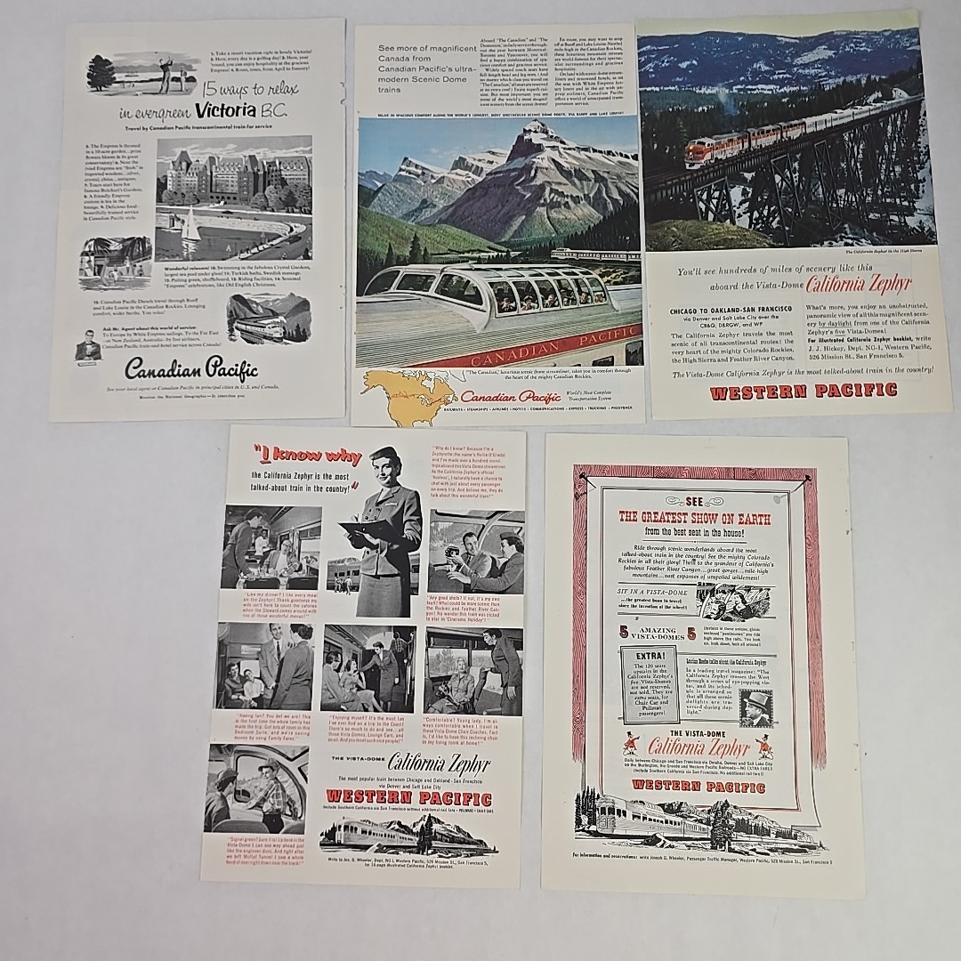 Railroads & Trains Print Ads 1950s Union Northern Southern Pacific Budd Western