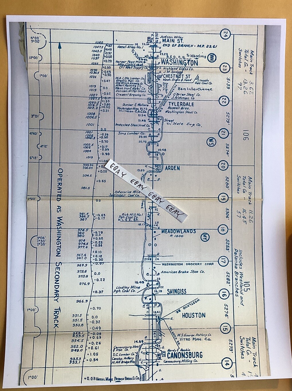 1955 PRR Pennsylvania Railroad Track Chart Washington Canonsburg Meadowlands NEW