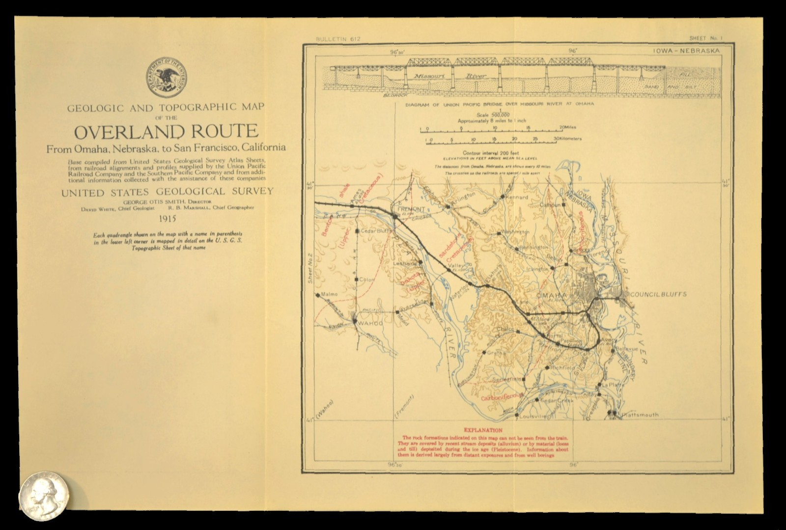 1915 Antique Union Pacific Railroad Map Omaha NE Council Bluffs Iowa Bellevue