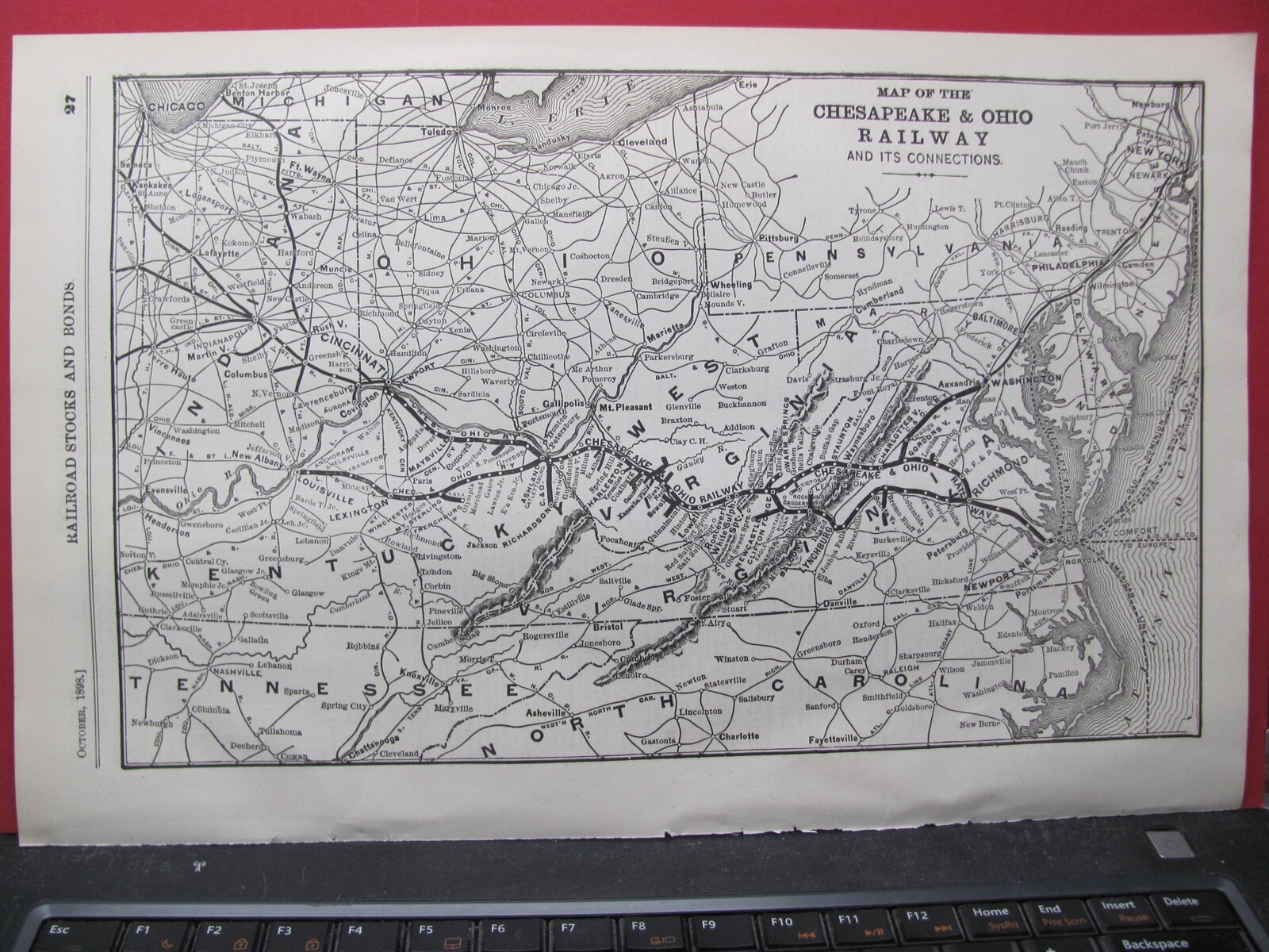 ORIGINAL 1898 CHESAPEAKE & OHIO RAILROAD SYSTEM MAP in WEST VIRGINIA OHIO KY VA