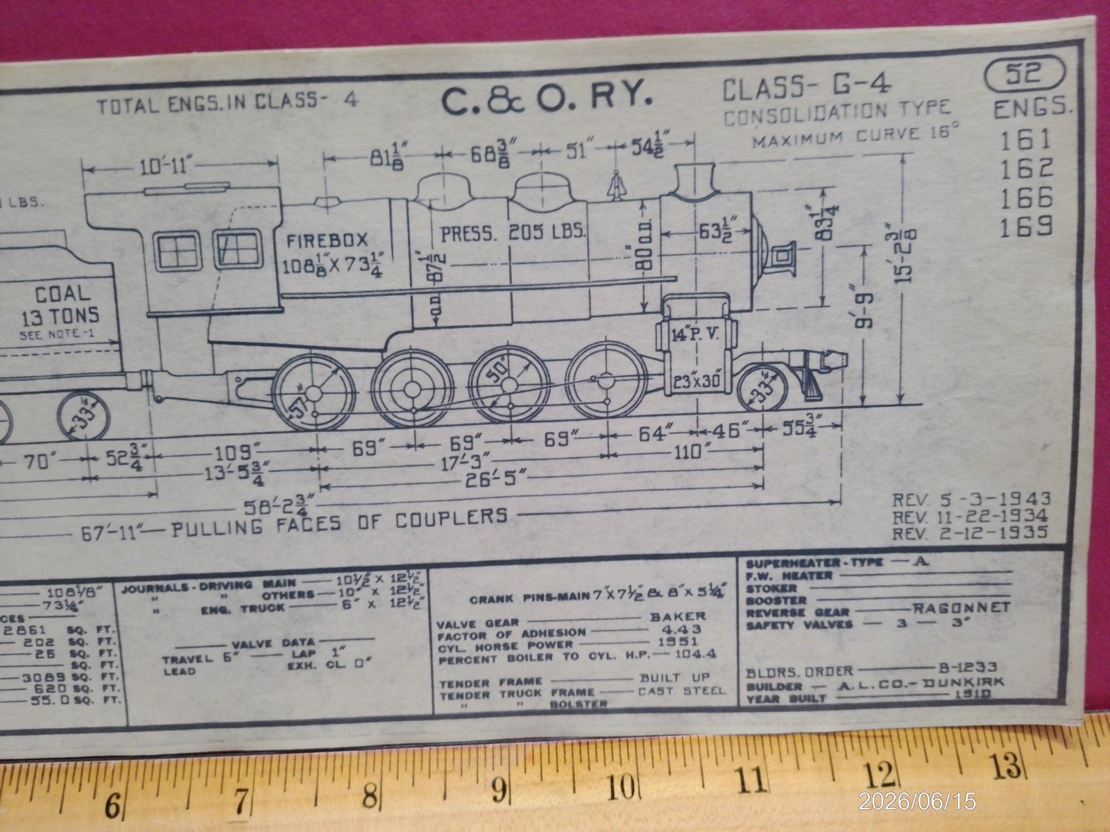 CHESAPEAKE & OHIO RAILROAD ORIG PRINTED DIAGRAM CLASS G-4 LOCOMOTIVE #161-169