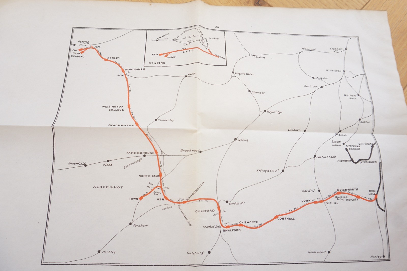 1905 South Eastern & Chatham Railway Map Reading Redhill Farnborough Guilford