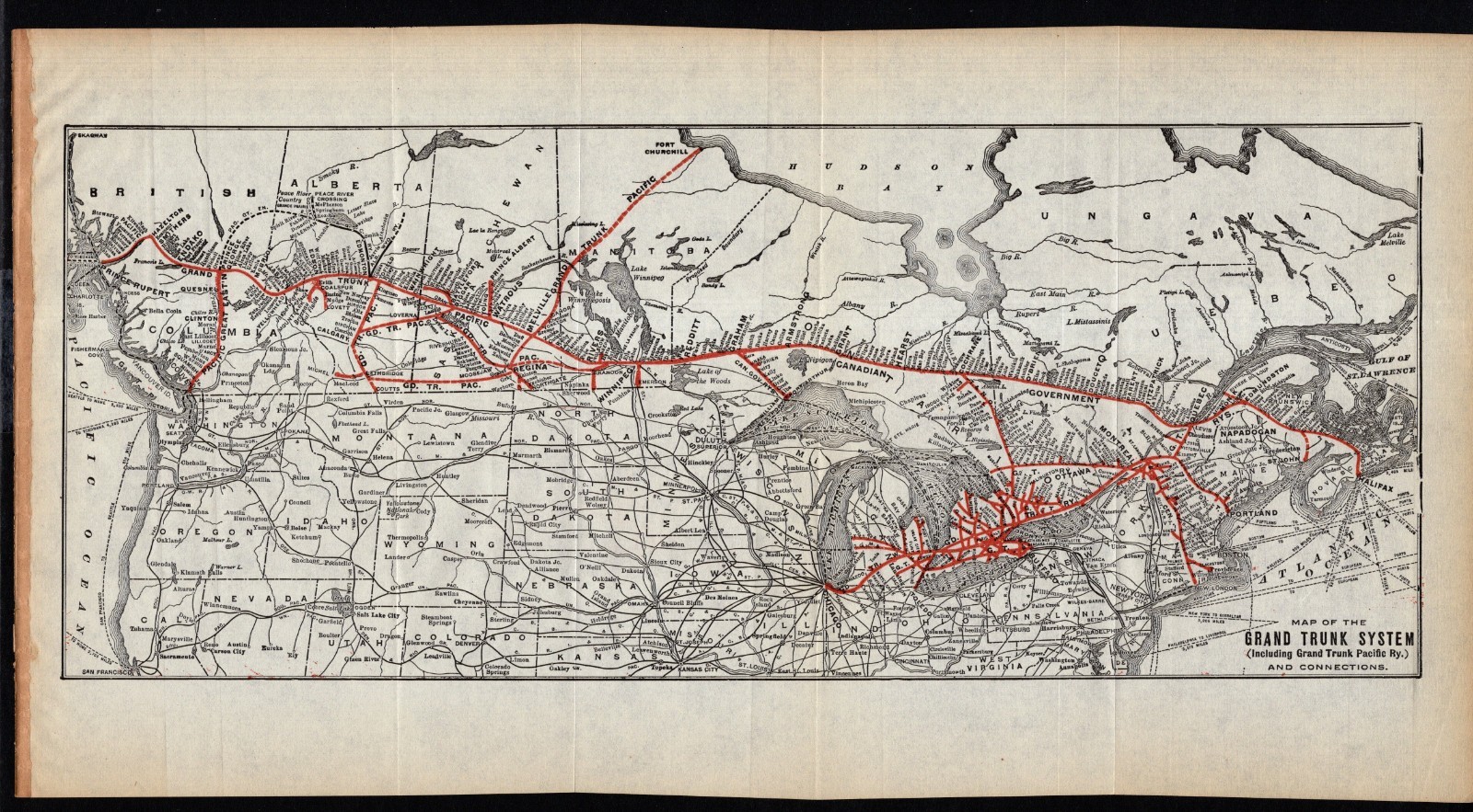 1918 Antique GRAND TRUNK System Railway Map Grand Trunk Pacific Railroad 3049
