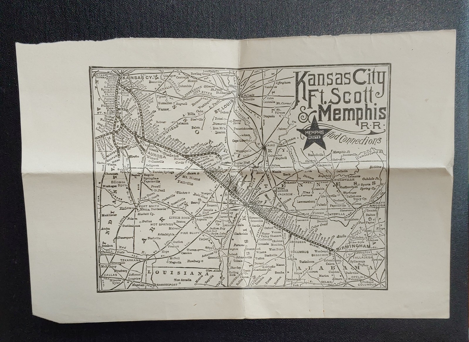 1890’s Antique Kansas City Ft. Scott & Memphis Railroad Railway Map Original