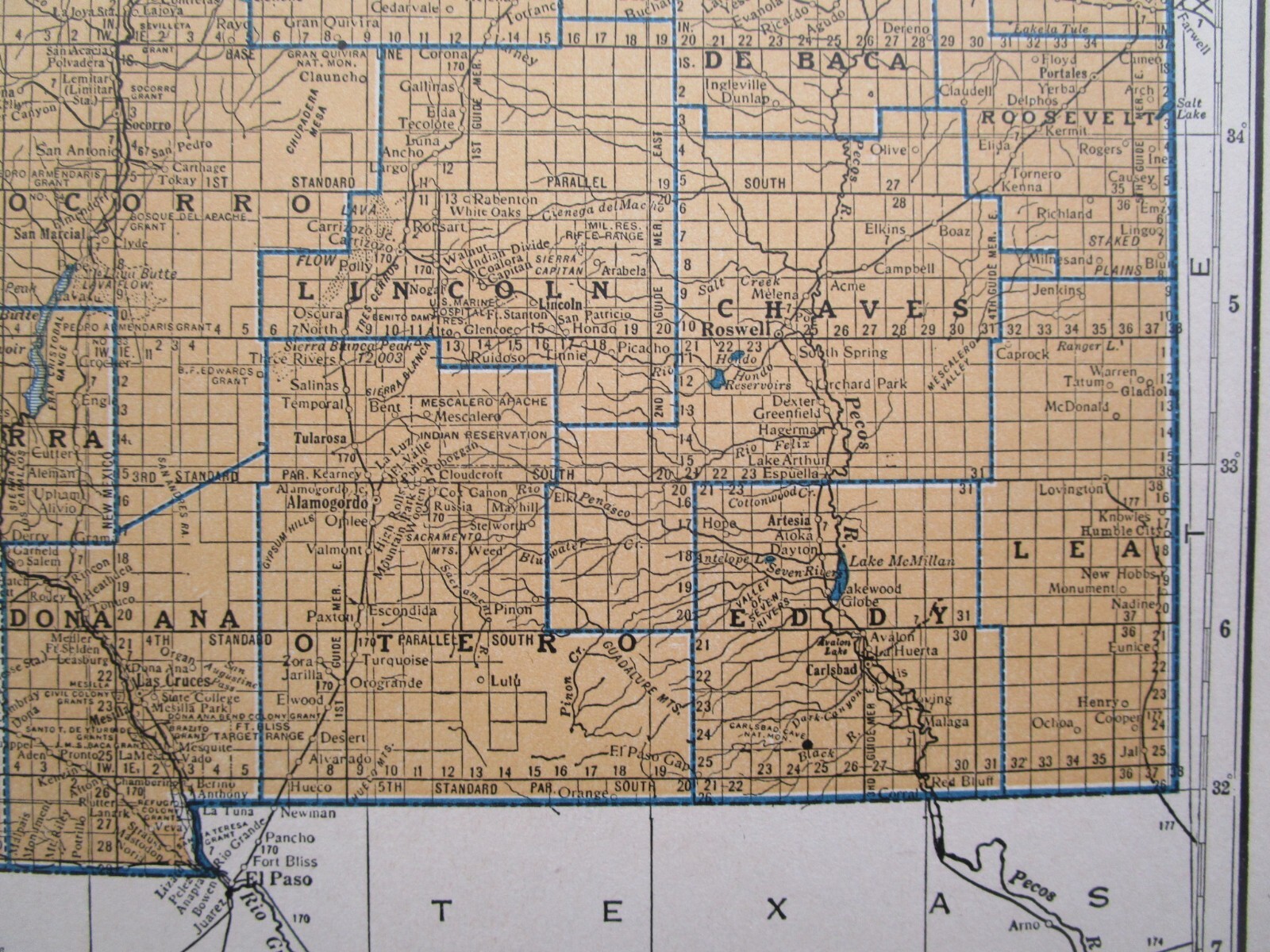 NM NJ Vtg 1939 NEW MEXICO RAILROAD Map. SANTA FE NORTHWESTERN RR or NEW JERSEY