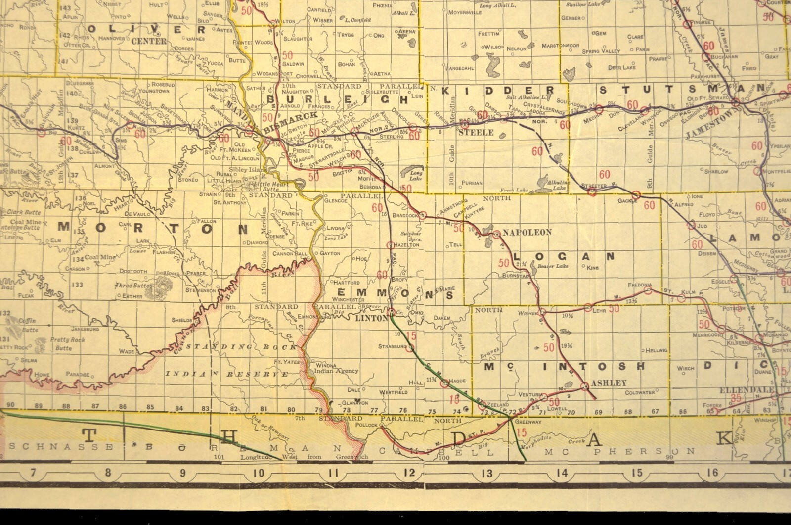 ca 1905 North Dakota Railroad Map Minnesota St Paul & Sault Ste Marie RR