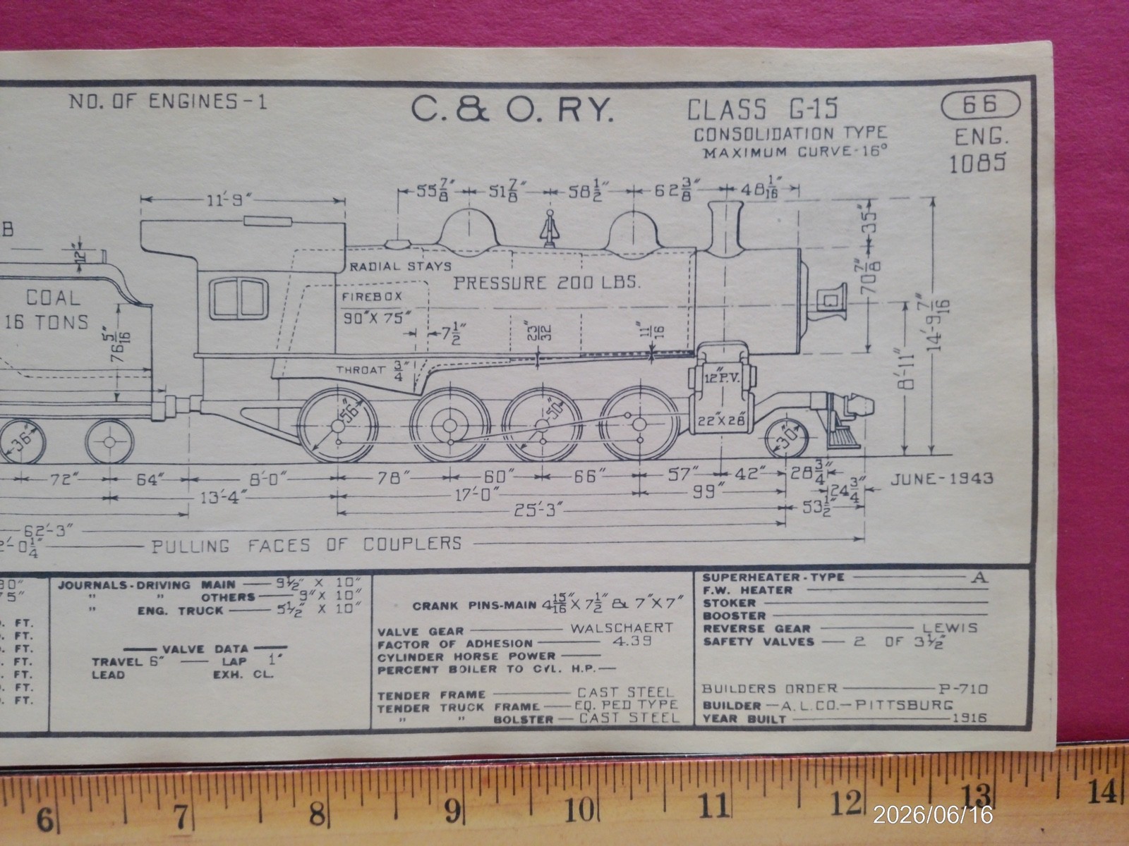 CHESAPEAKE & OHIO RAILROAD ORIG PRINTED DIAGRAM CLASS G-15 LOCOMOTIVE #1085
