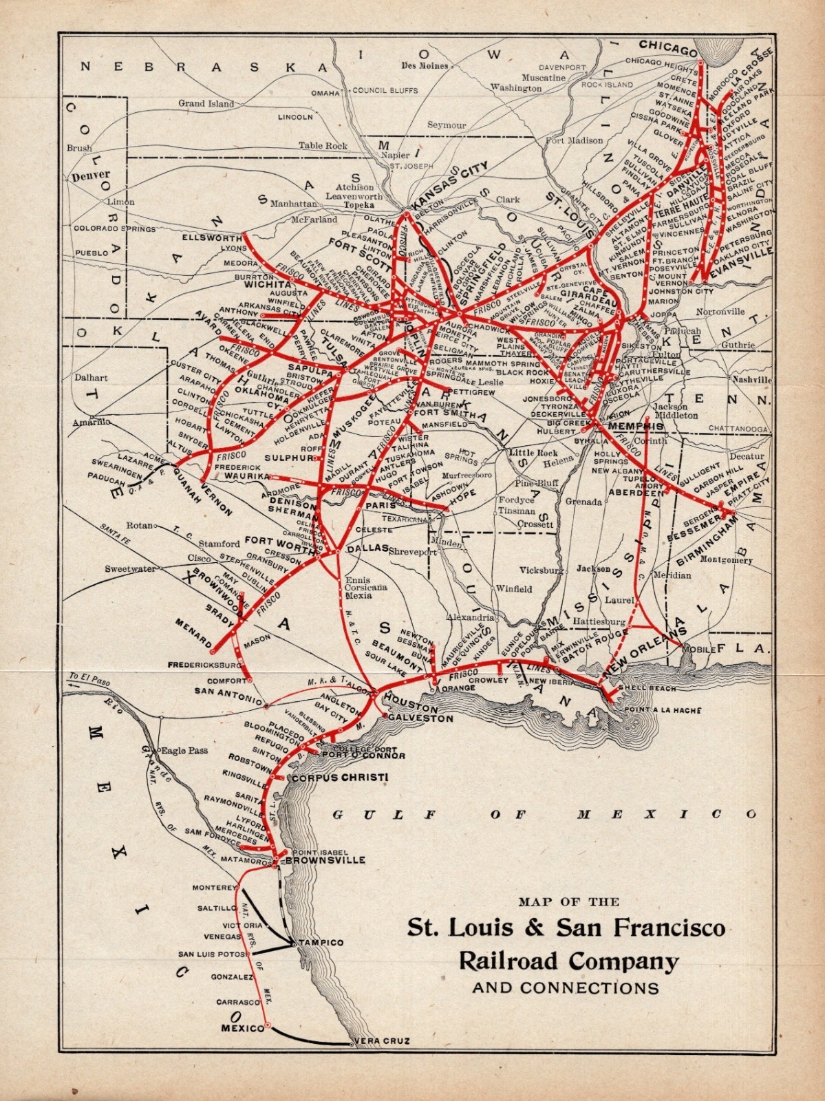 1912 Antique St Louis & San Francisco Railroad Map Vintage Railway Map 2444