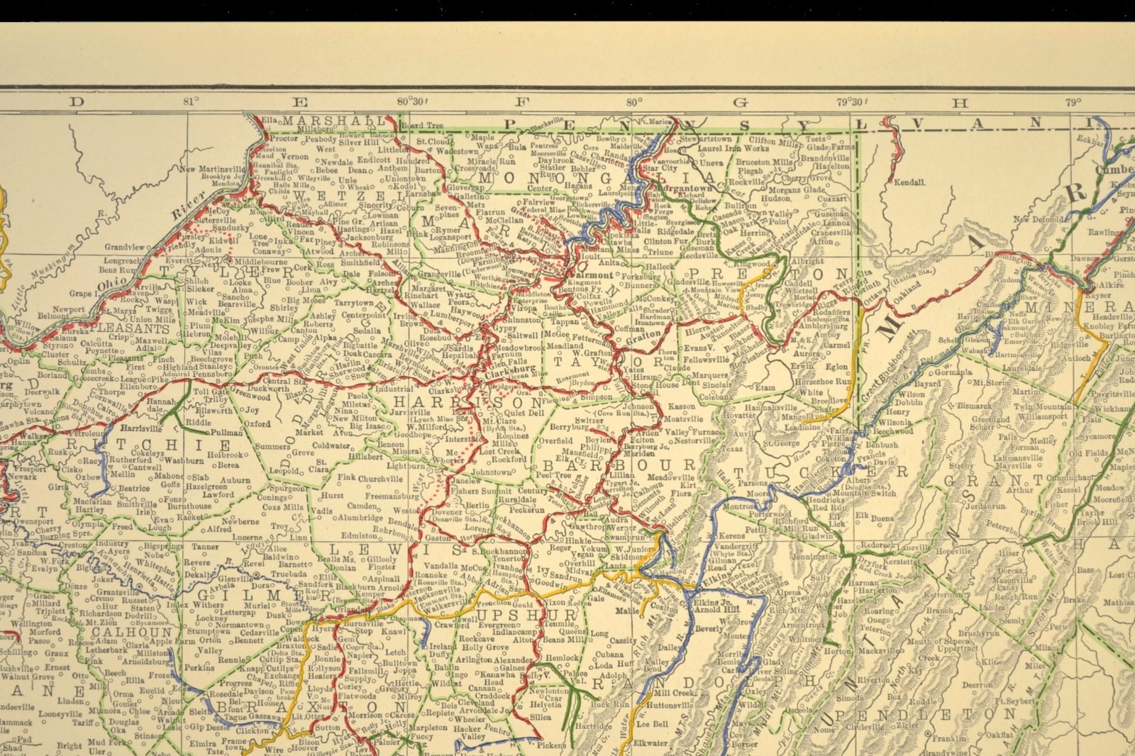 1914 Antique Map of WEST VIRGINIA Railroads Map ORIGINAL Atlas Map B&O RR DATED