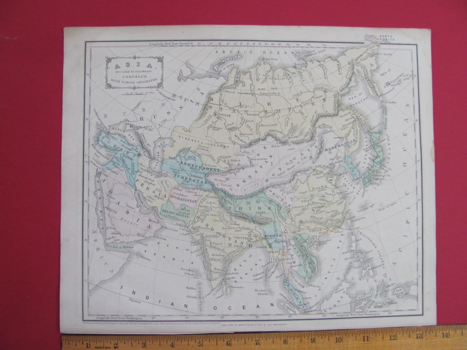 1856 EASTERN EUROPE BRITISH ISLES ASIA COLOR CORNELL’S ATLAS MAP W/ RAILROADS