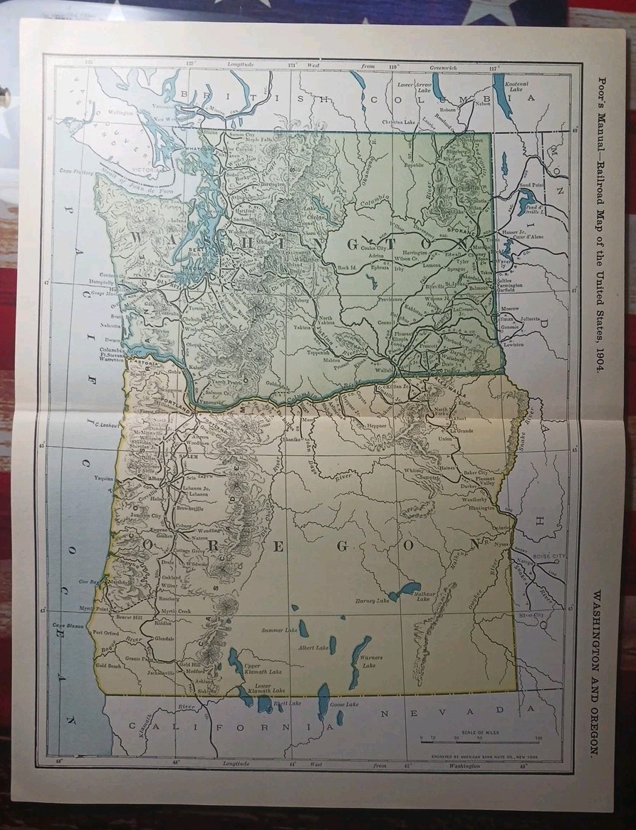 ~1904 Antique Railroad Map WASHINGTON OREGON All railway Routes Depots 11×9″