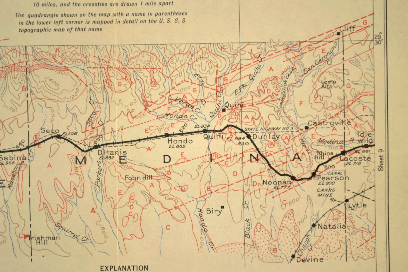 Southern Pacific RR Map Hondo Texas Medina County Castroville Devine Lytle