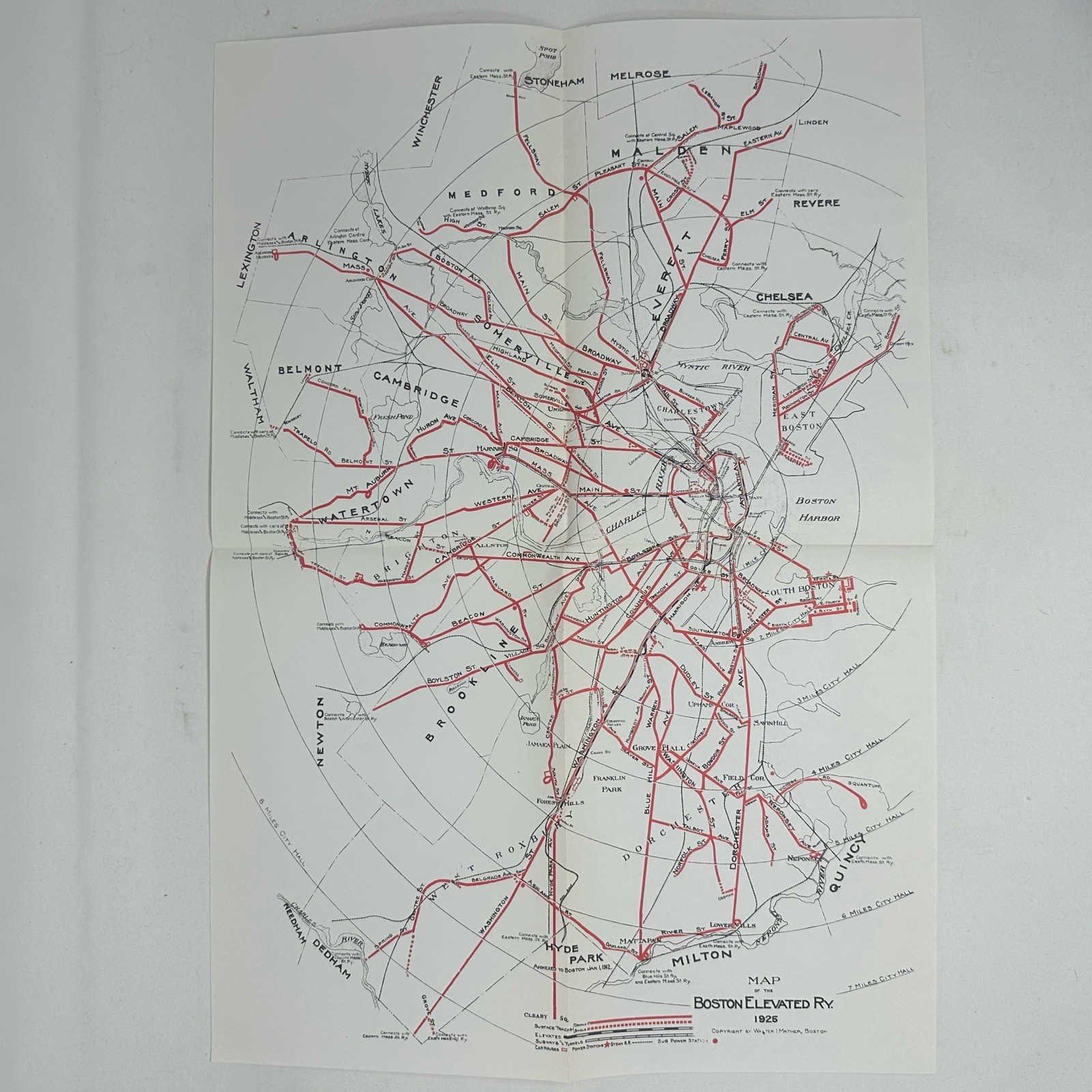 1925 Boston Elevated Railway System Map Walter I. Mather Boston Street Railway