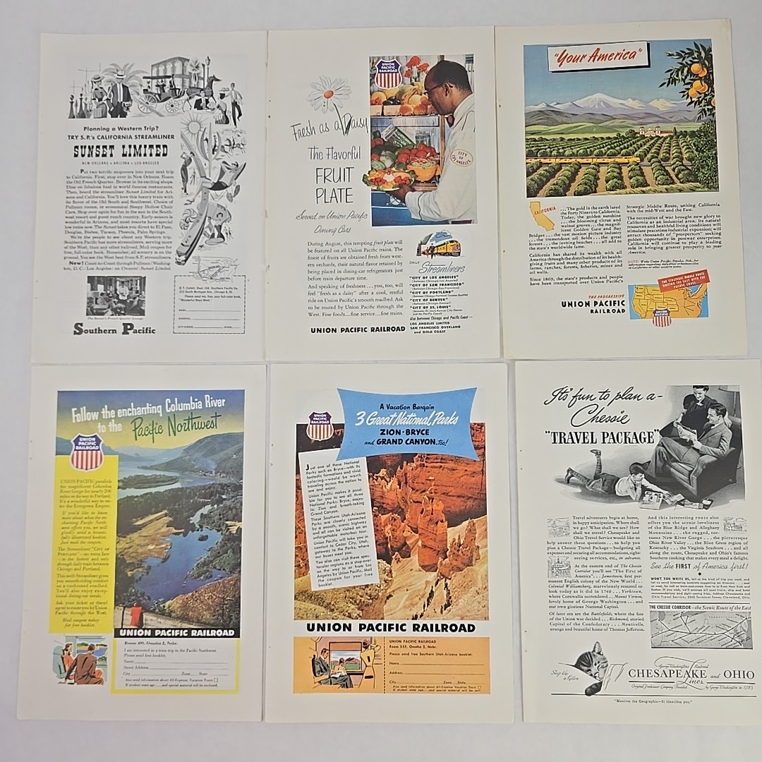 Railroads & Trains Print Ads 1950s Union Northern Southern Pacific Budd Western