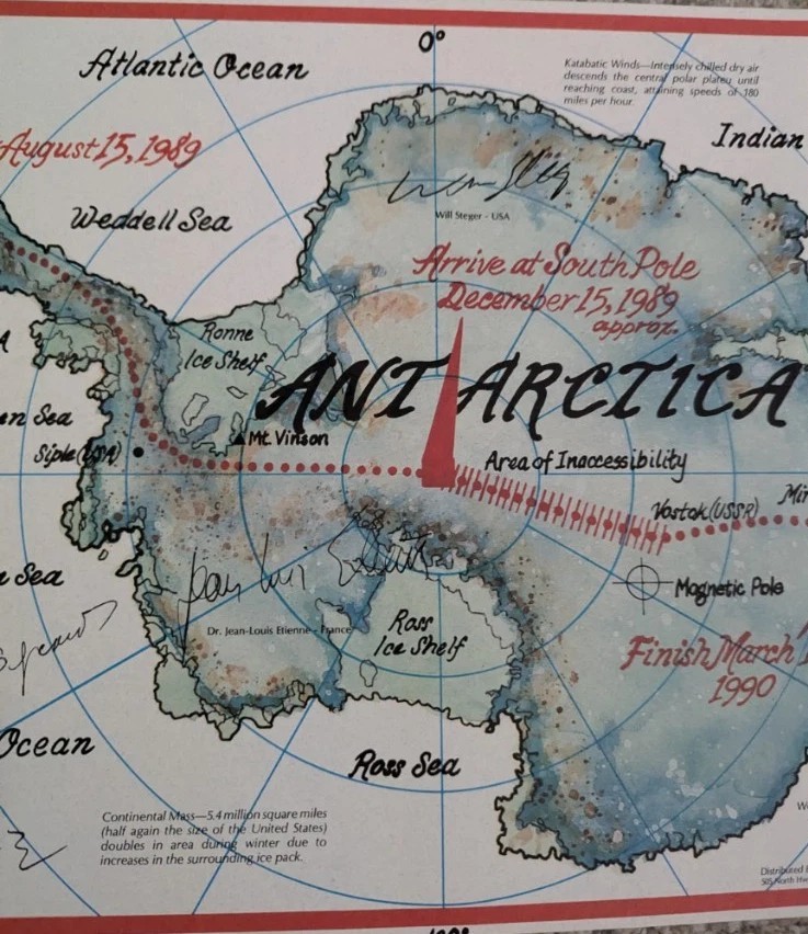 1990 International Trans Antarctica Expedition Signed Map Explorer Dogsled ICI