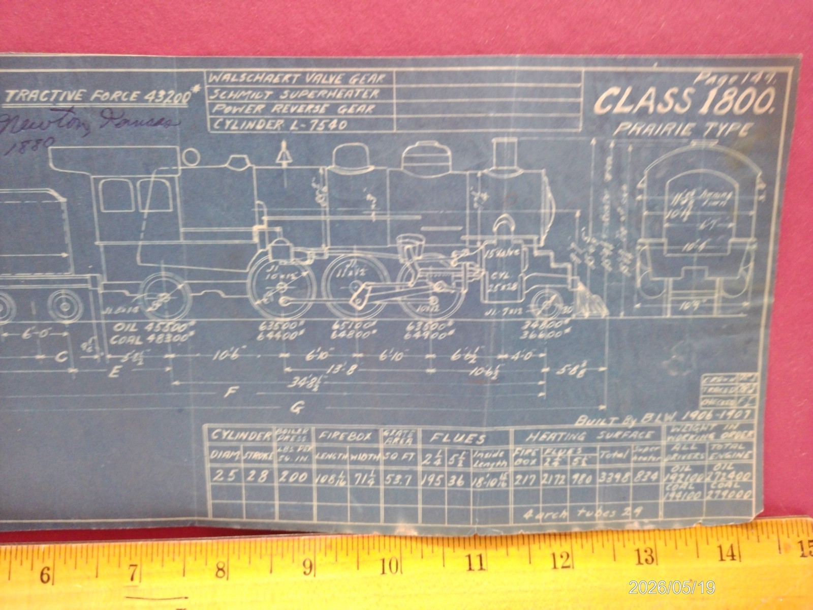 AT&SF RAILROAD ORIGINAL BLUEPRINT DATA DIAGRAM w 2 PHOTOS #1800 2-6-2 LOCOMOTIVE