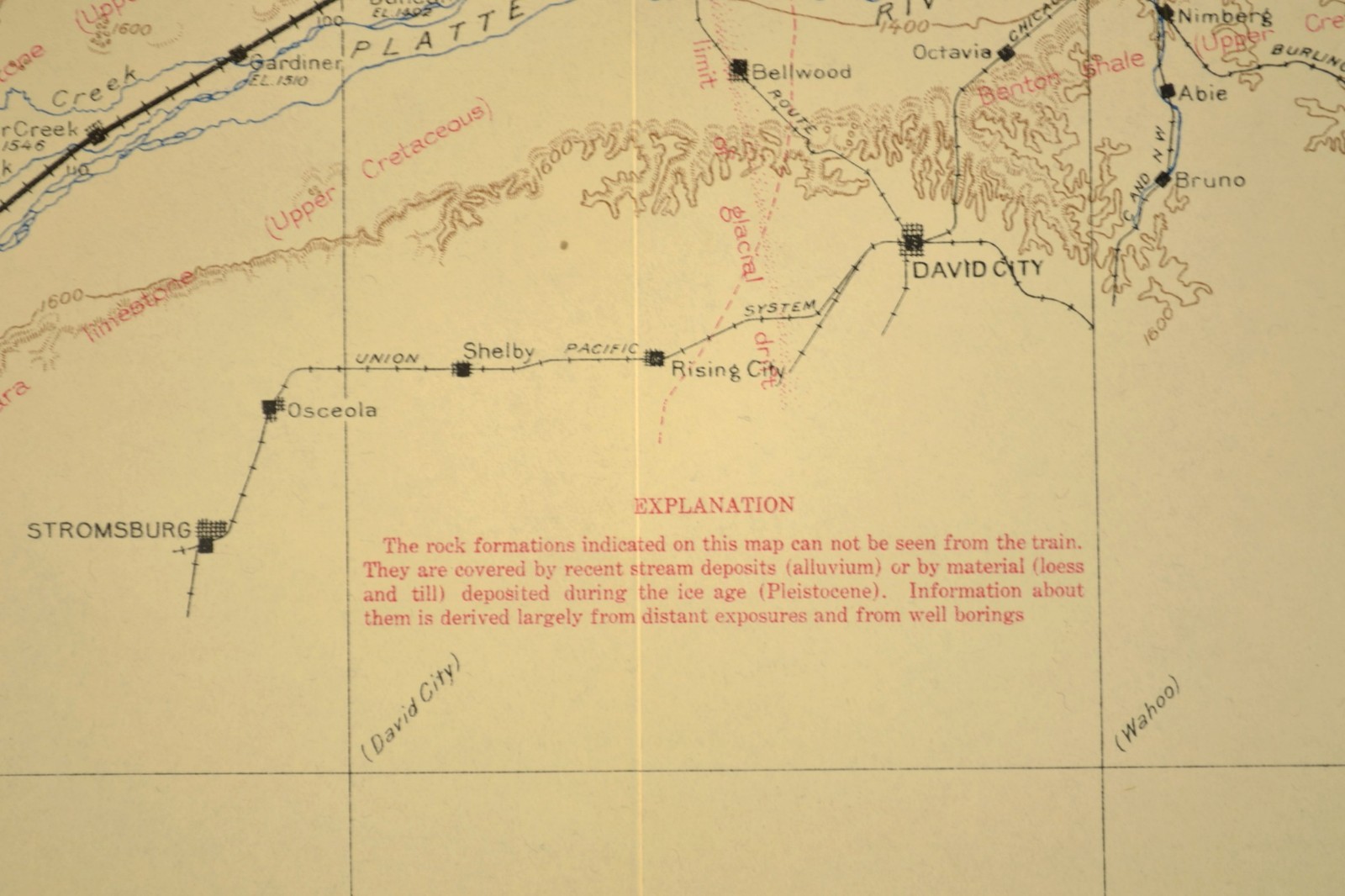 Antique Union Pacific Railroad Map Columbus Nebraska Schuyler NE David City