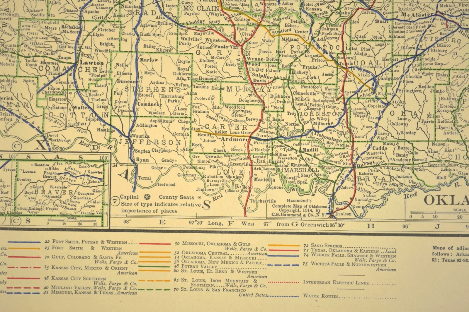 1914 Antique Map of OKLAHOMA Railroads Map ORIGINAL Atlas Map CRI&P RR DATED