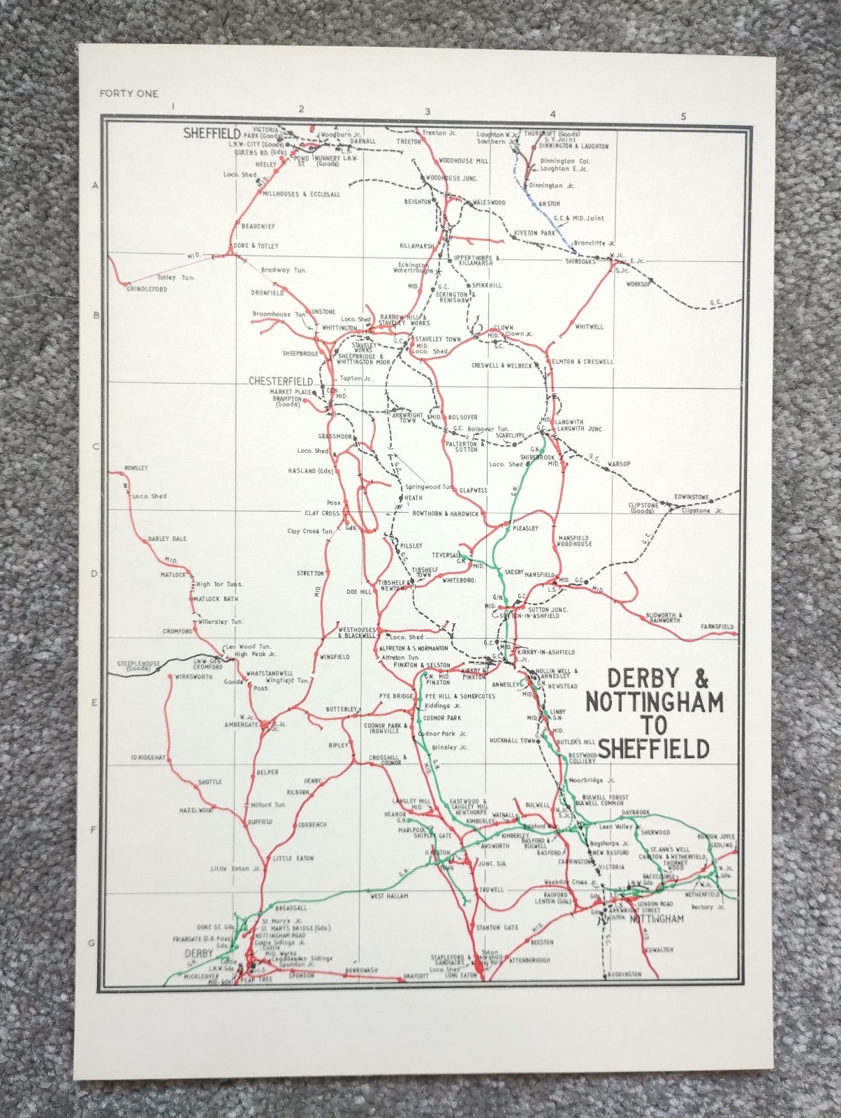 Vintage 1980 map showing Pre Grouping Rail Lines of Derby & Nottingham