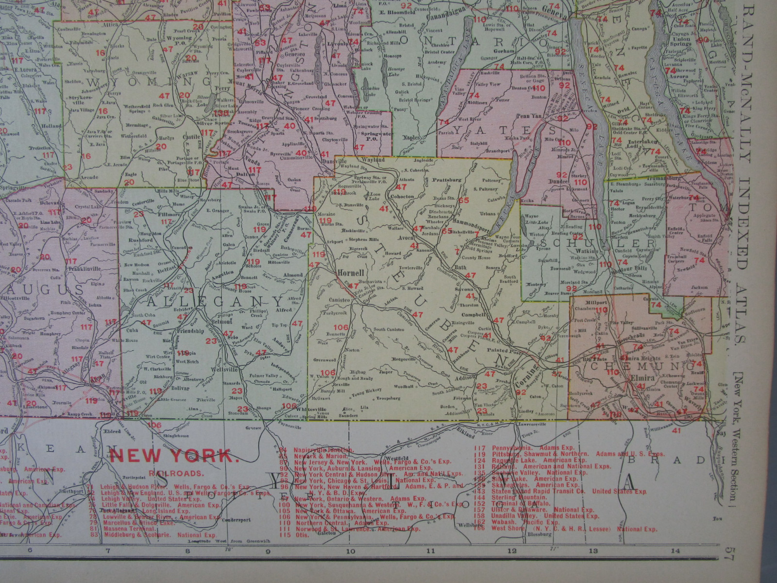 NY 1910 WESTERN NEW YORK RAILROAD Map KANONA & PRATTSBURG RR; NAPIERVILLE JCT RR
