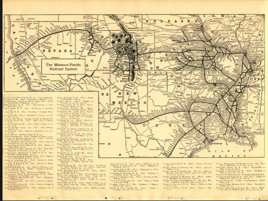 1919 The Missouri-Pacific Railroad System Map B & W Original From Collier Atlas