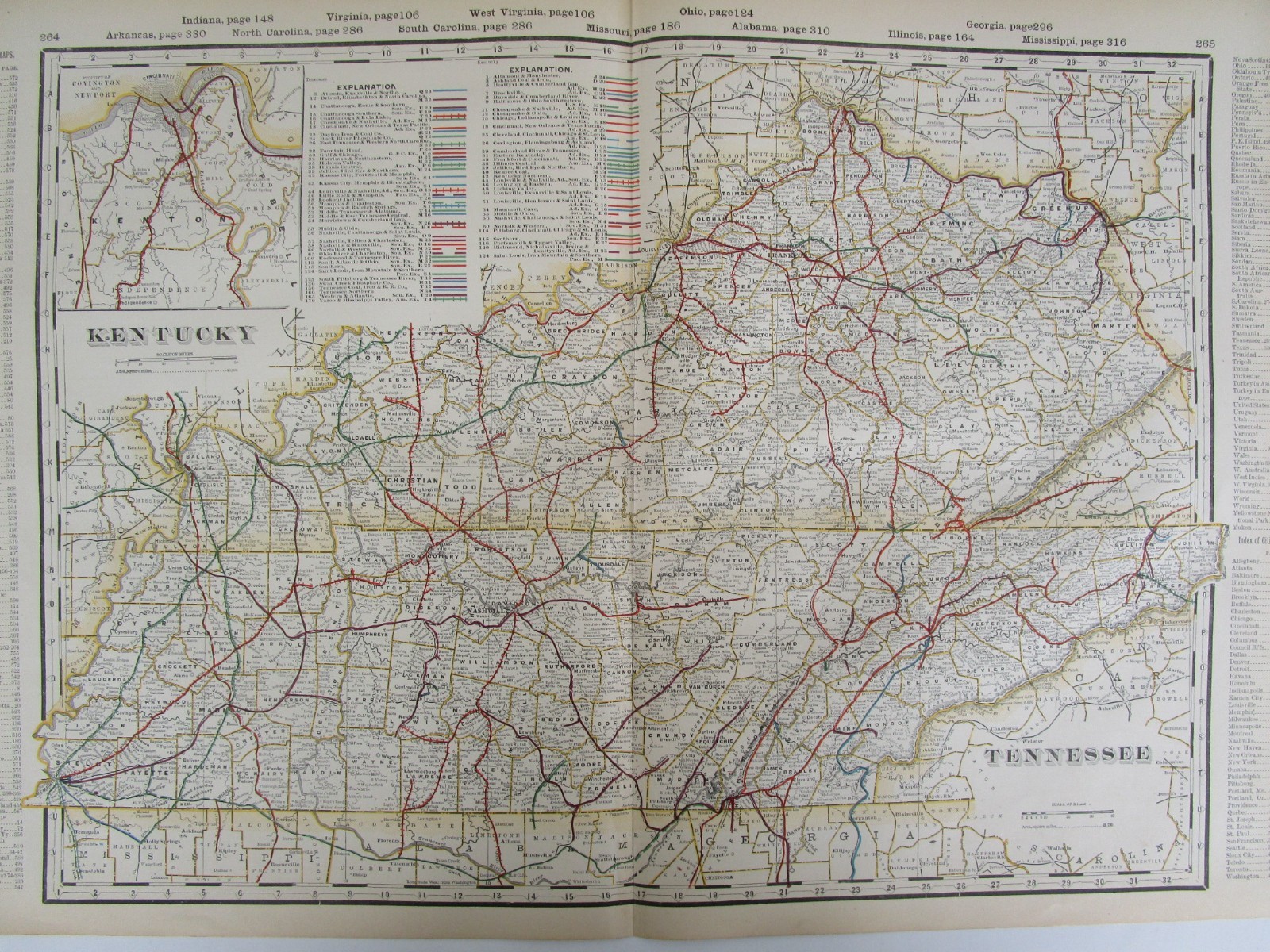 KY TN 1898 FULL STATES KENTUCKY & TENNESSEE Cram RAILROAD Map. JELLICO BIRD EYE
