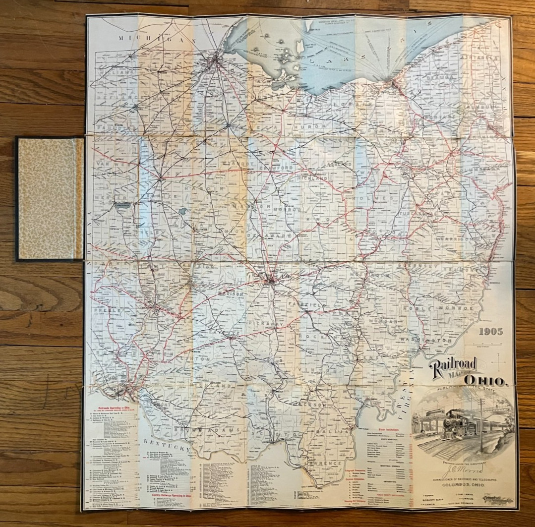 Antique 1905 Railway Railroad Map Of Ohio Linen Back Columbus Lithograph Company