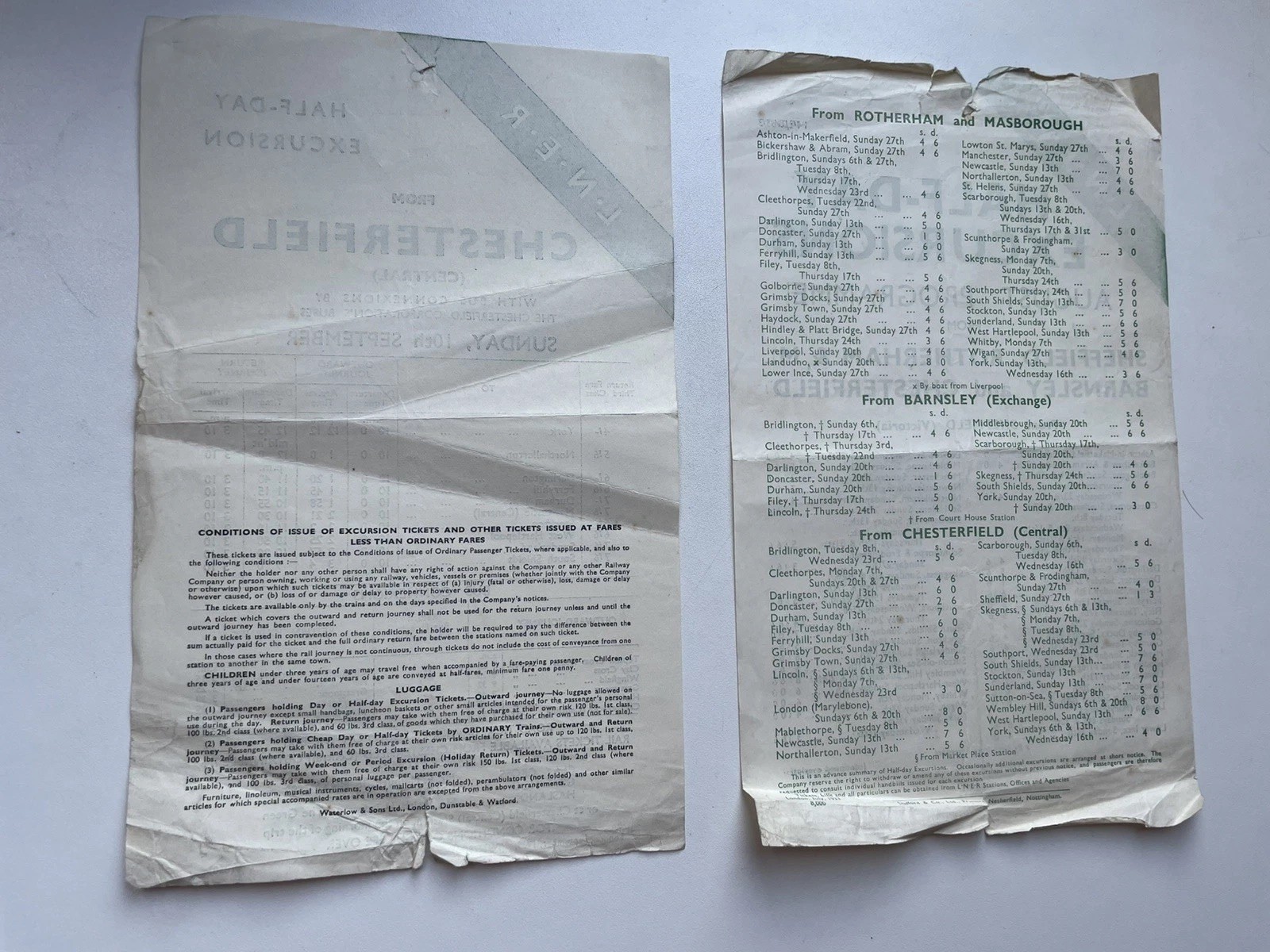 2 x 1930s LNER train timetables for Chesterfield, Sheffield, Barnsley
