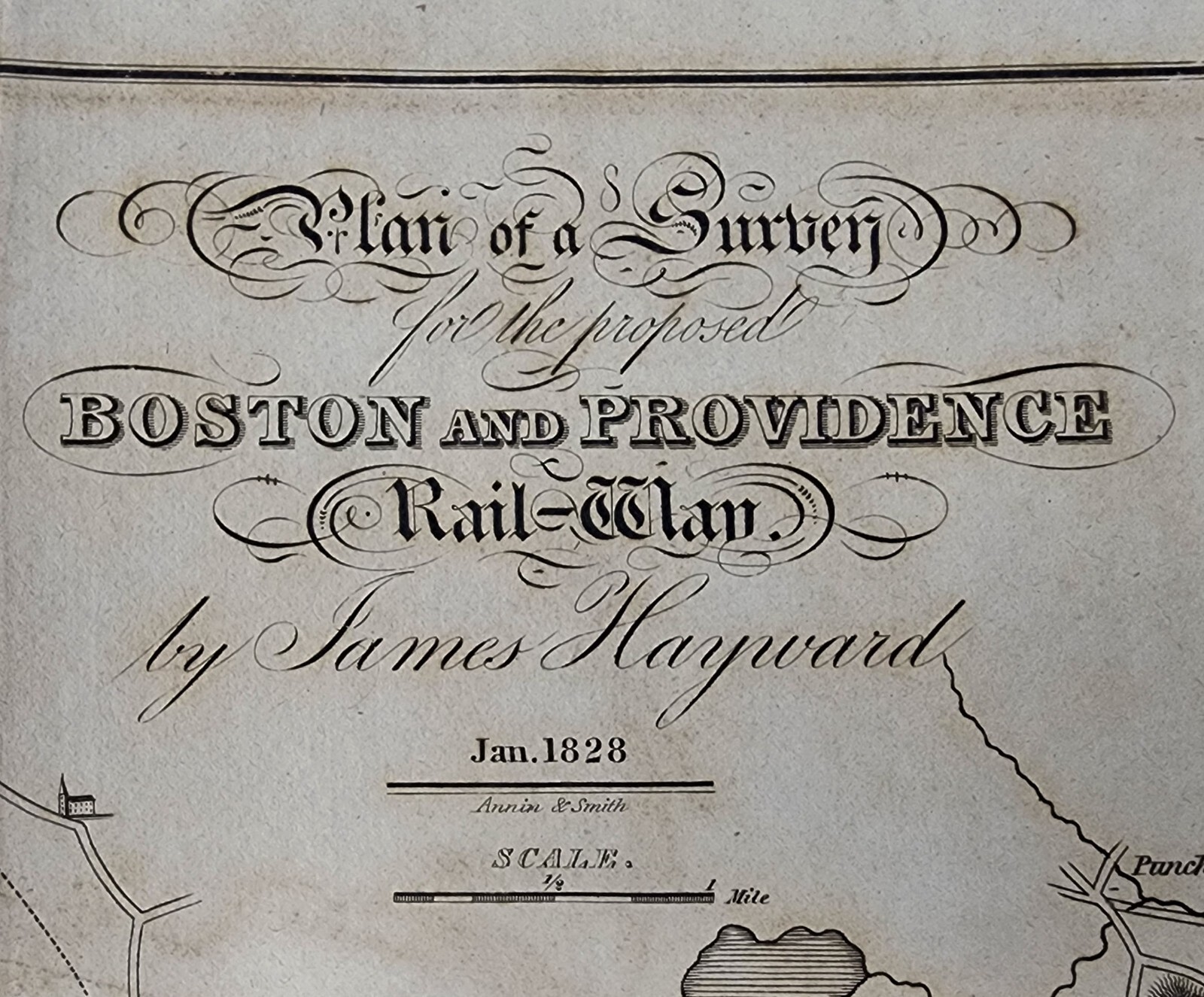 Antique 1828 Boston & Providence B&P Railroad Map Proposed Railway Route Survey