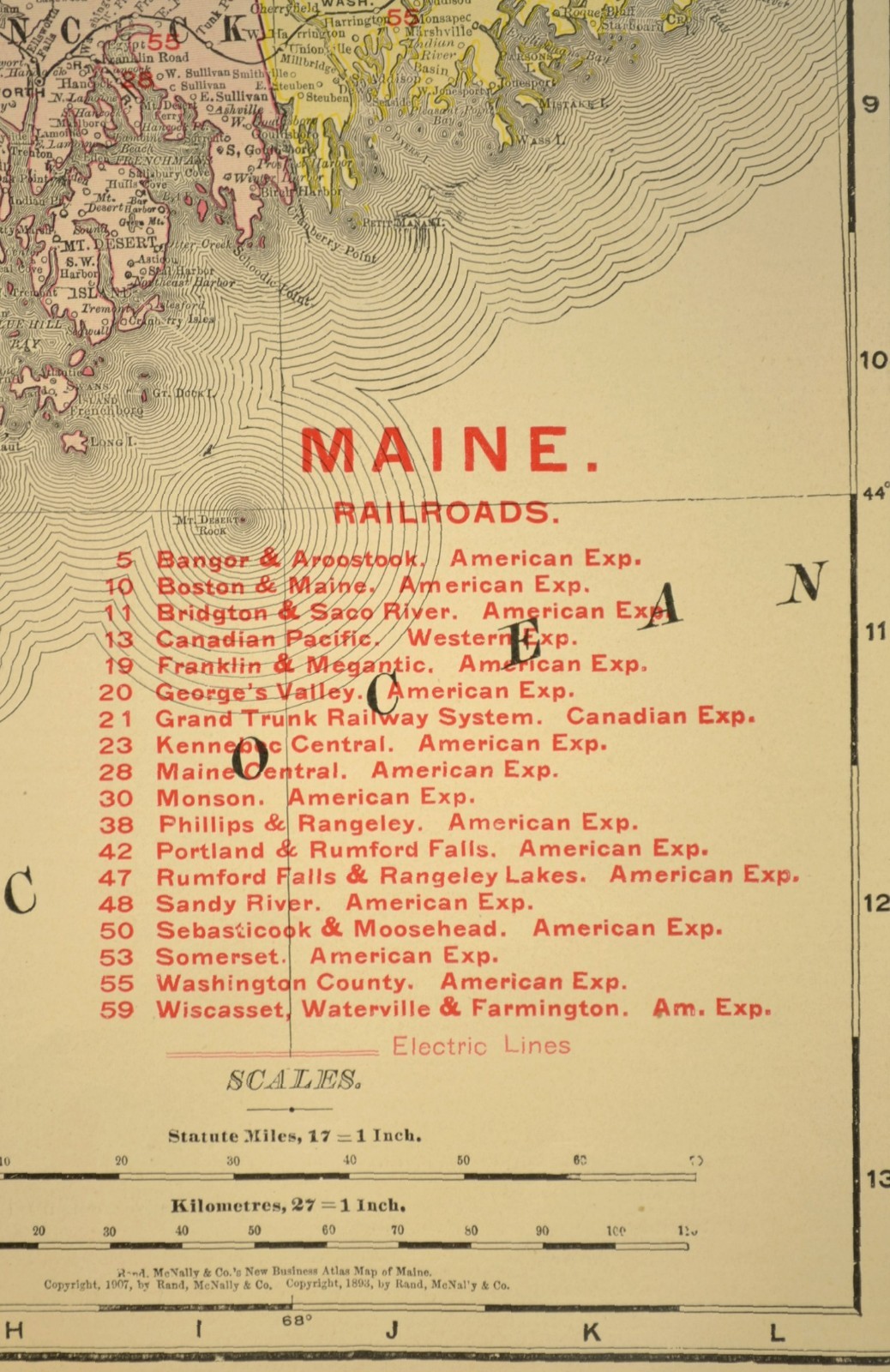 1907 Antique Map of Maine Railroad Map Large MEC RR BM RR Atlas Map DATED