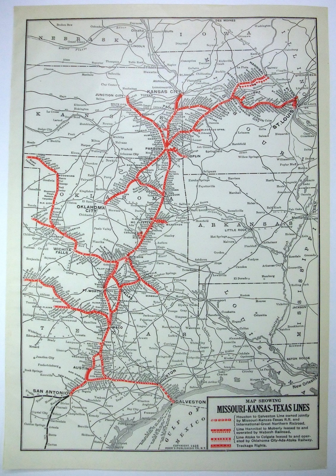 Missouri Kansas Texas Lines Original 1925 Railroad Map by Poor’s Publishing MKT