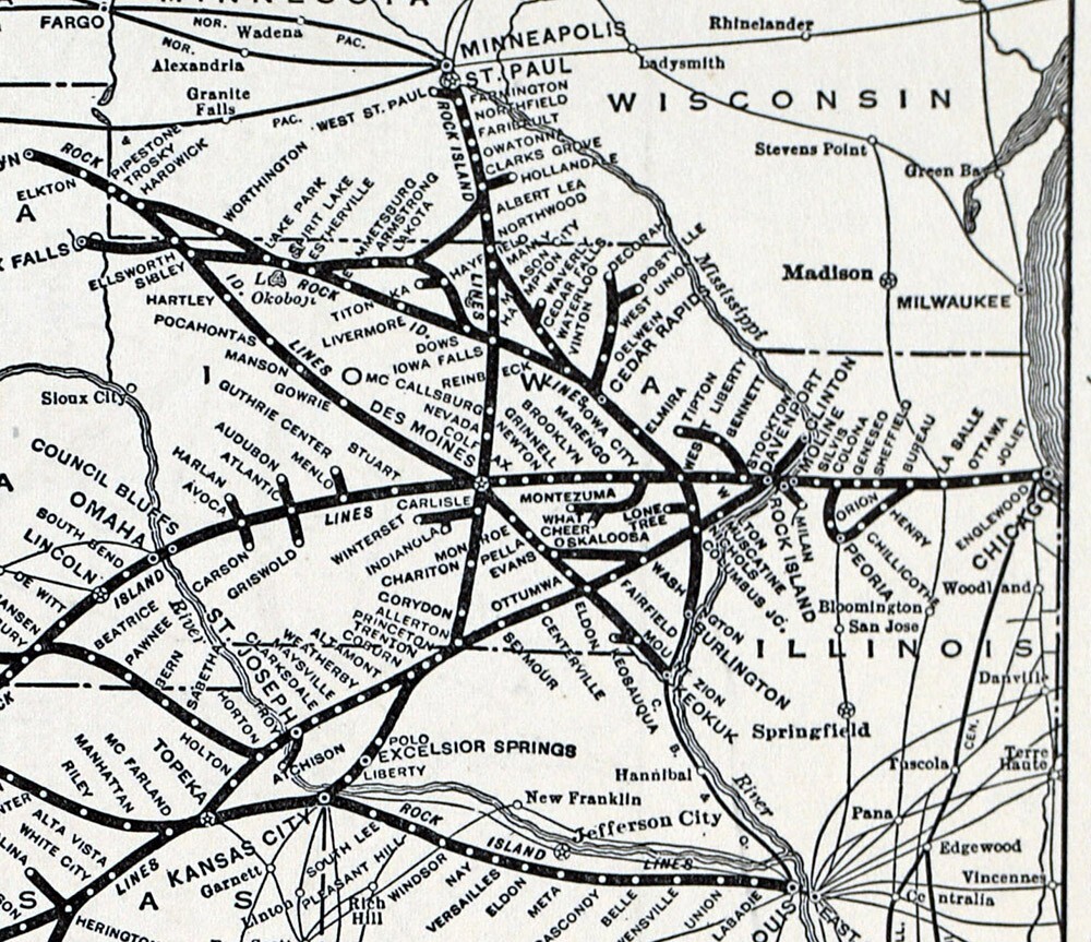 1941 Poole Bros Railroad Map Rock Island Rockets Chicago Pacific Railways RR