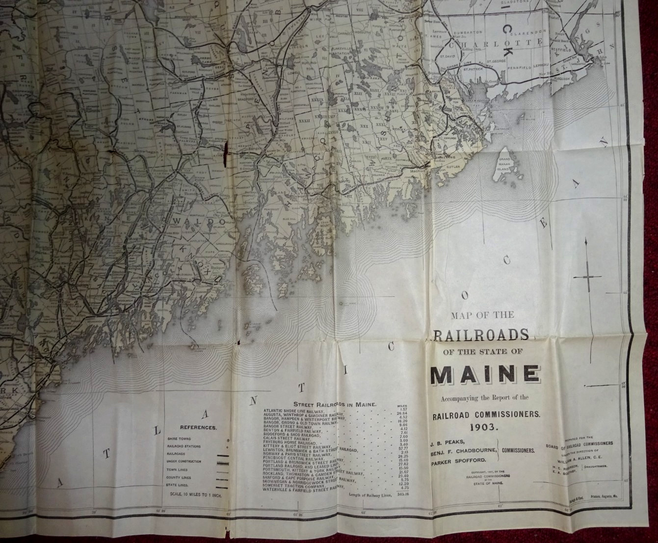 BIG 1891 WALL MAP OF RAILROADS MAINE 30″ x 33″ REPRINTED 1903 BY COMMISSIONERS