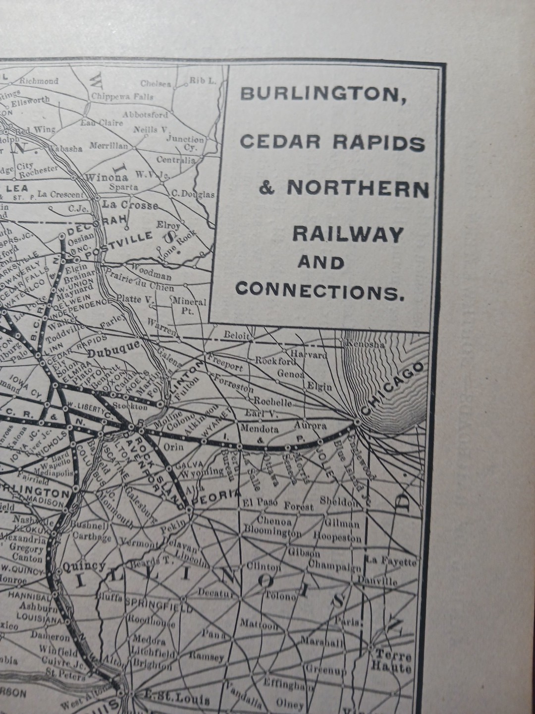 1901 RAILROAD MAP Burlington Cedar Rapids & Northern Railway all Train Routes