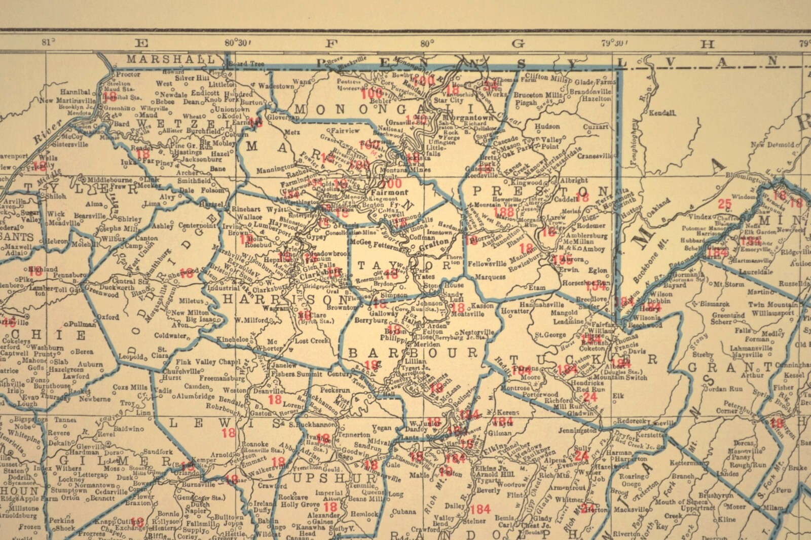 Vintage Map of WEST VIRGINIA Railroad Map LARGE B&O RR Clarksburg Antique