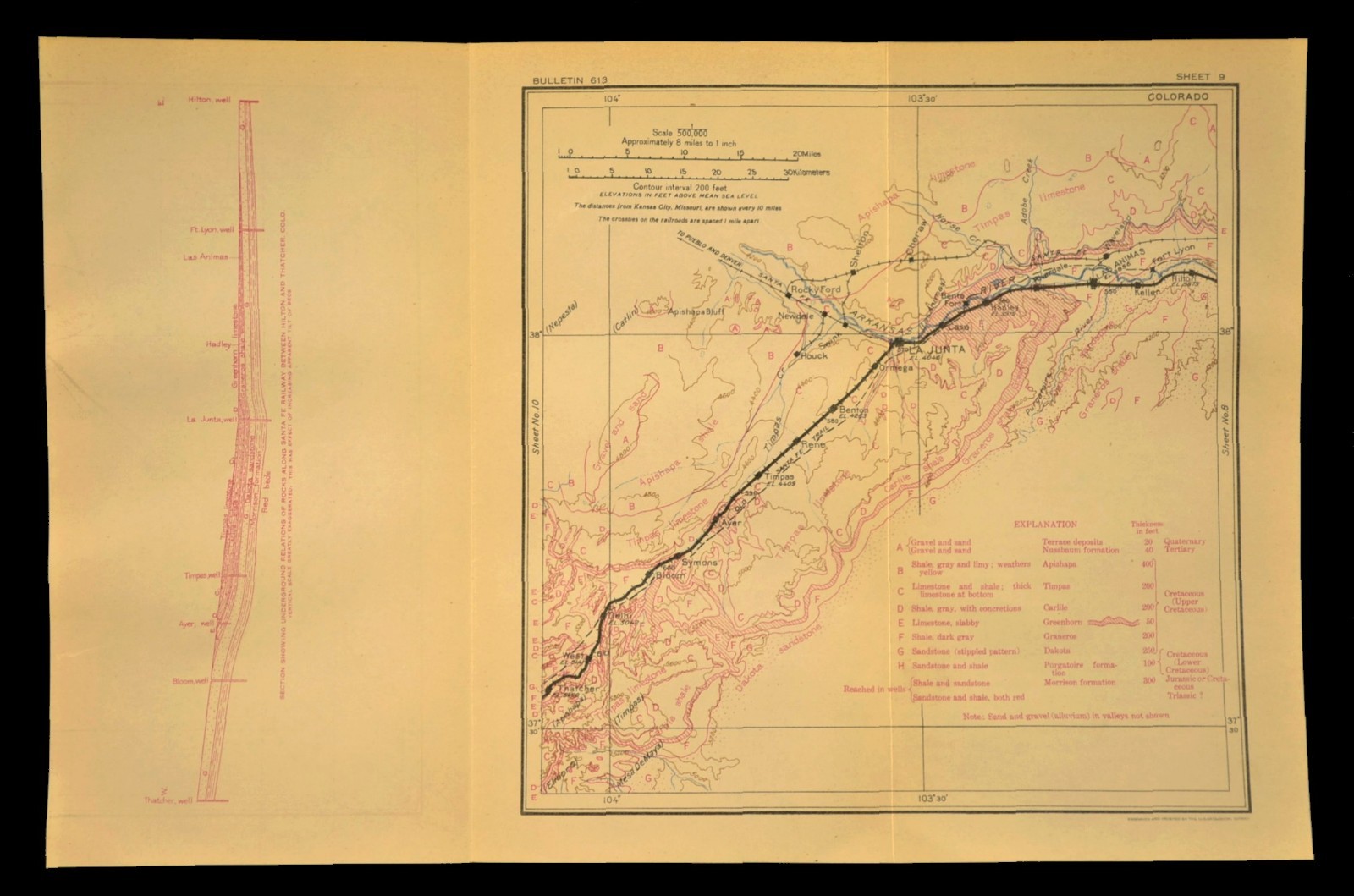 1915 Antique Santa Fe Railroad Map La Junta Colorado Las Animas CO Geological