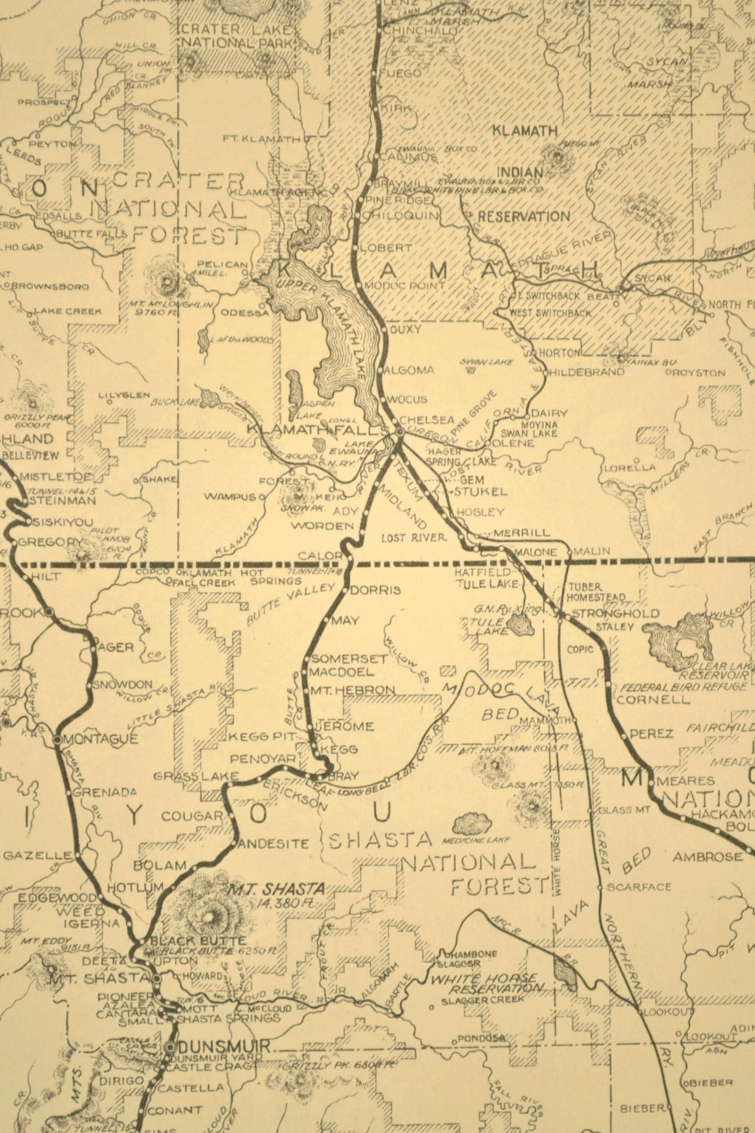 ca 1945 Southern Pacific Railroad Map Shasta Line RR Modoc Line Klamath Falls