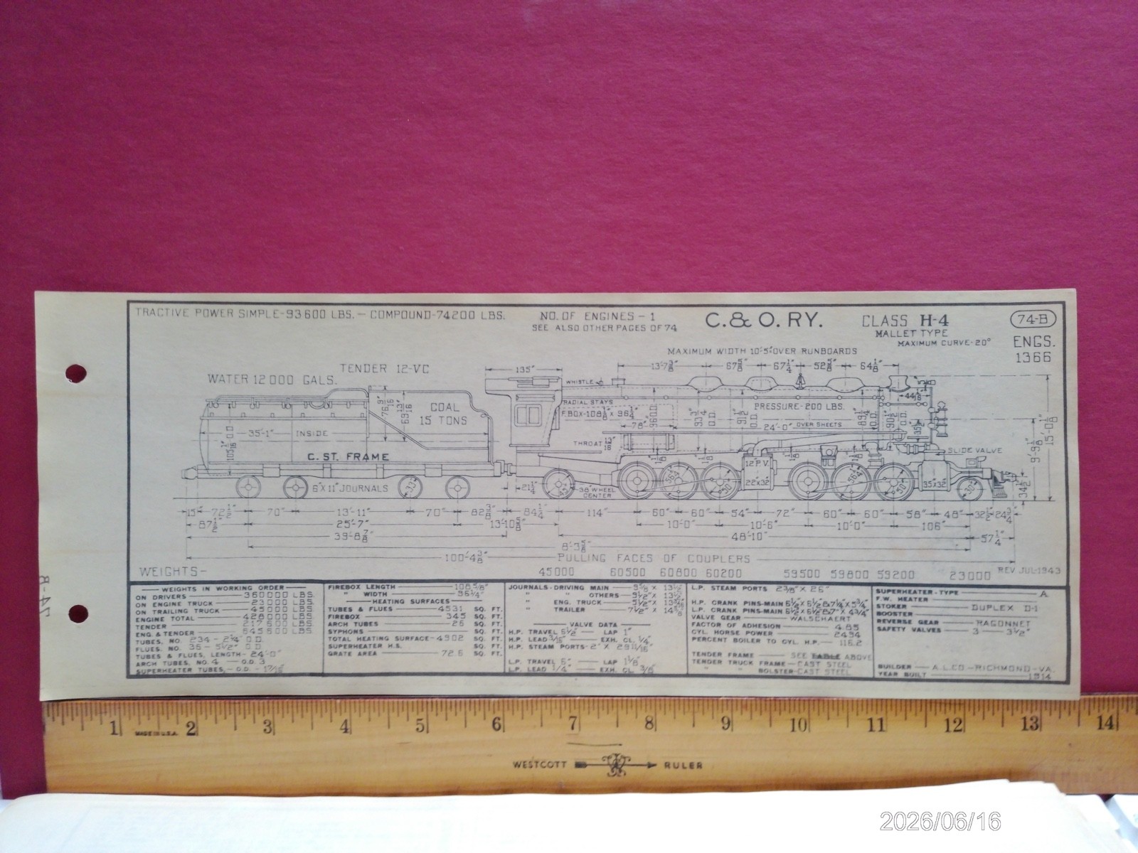 CHESAPEAKE & OHIO RAILROAD ORIG PRINTED DIAGRAM CLASS H-4 LOCOMOTIVE #1366
