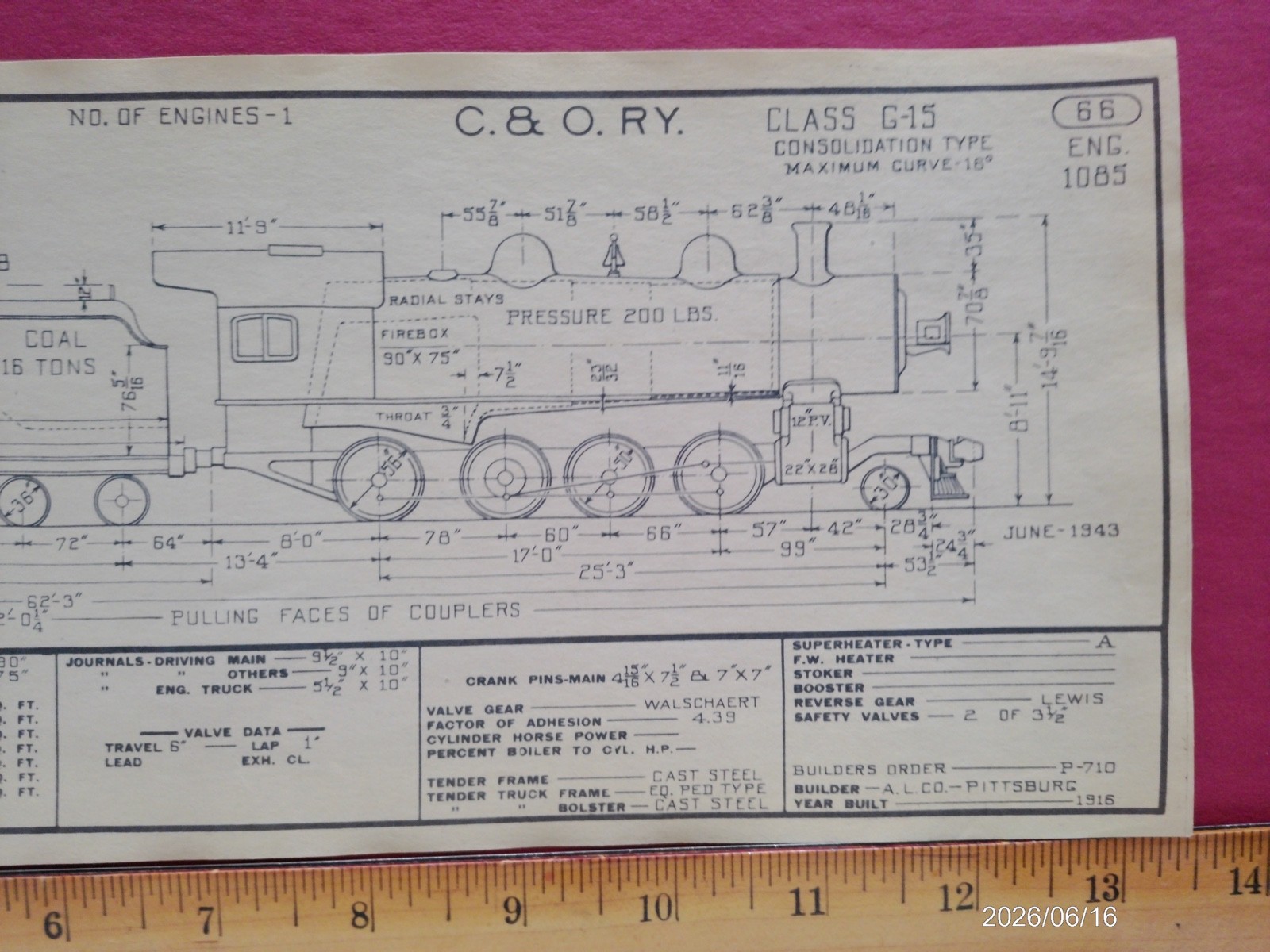 CHESAPEAKE & OHIO RAILROAD ORIG PRINTED DIAGRAM CLASS G-15 LOCOMOTIVE #1085