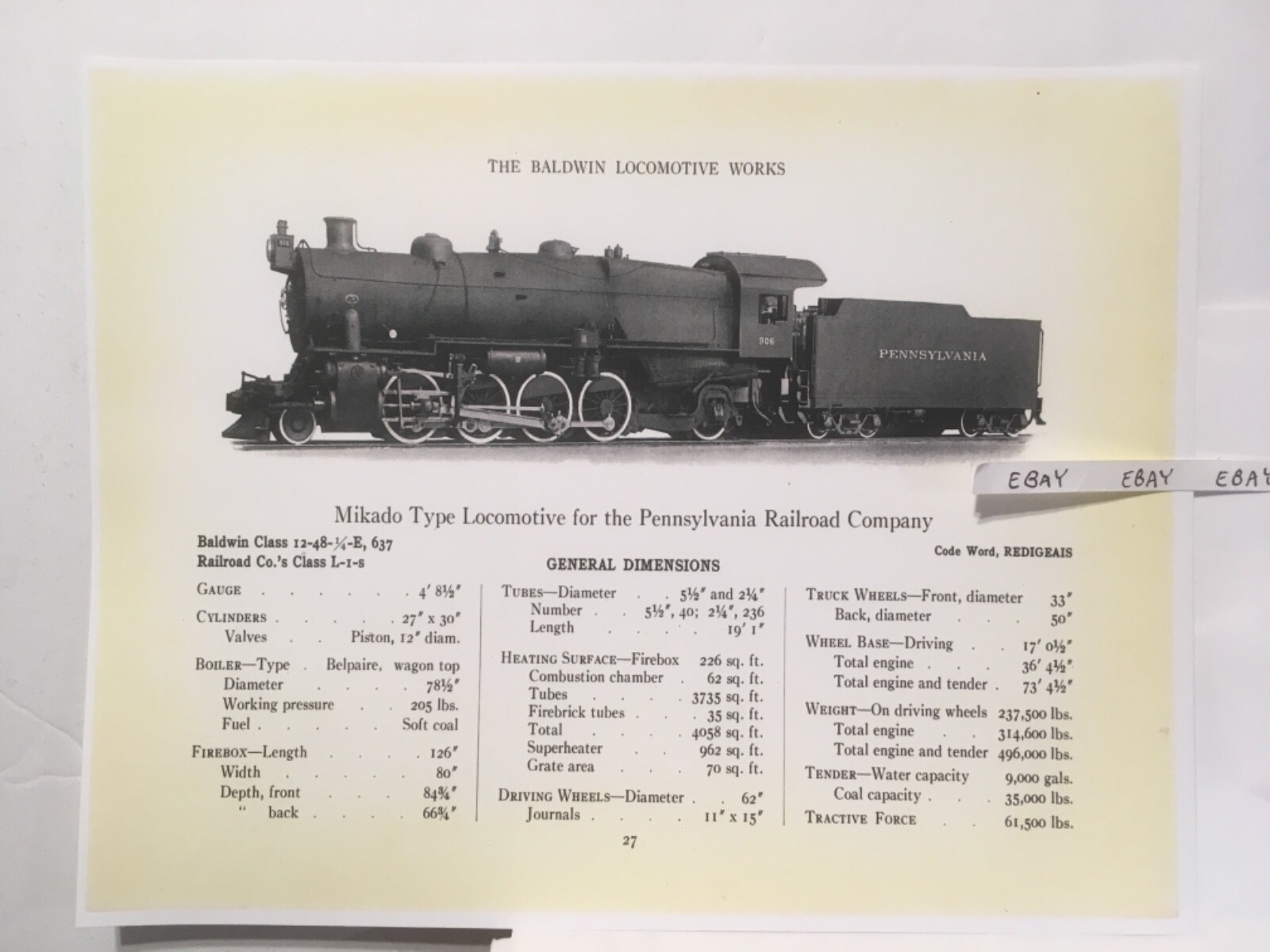 1916 Pennsylvania Railroad Mikado Type Locomotive Baldwin Works Catalogue Page
