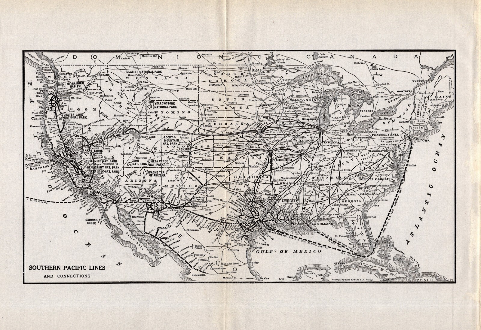 1925 Antique SOUTHERN PACIFIC RAILROAD Map Vintage Railway Map Wall Decor 1489