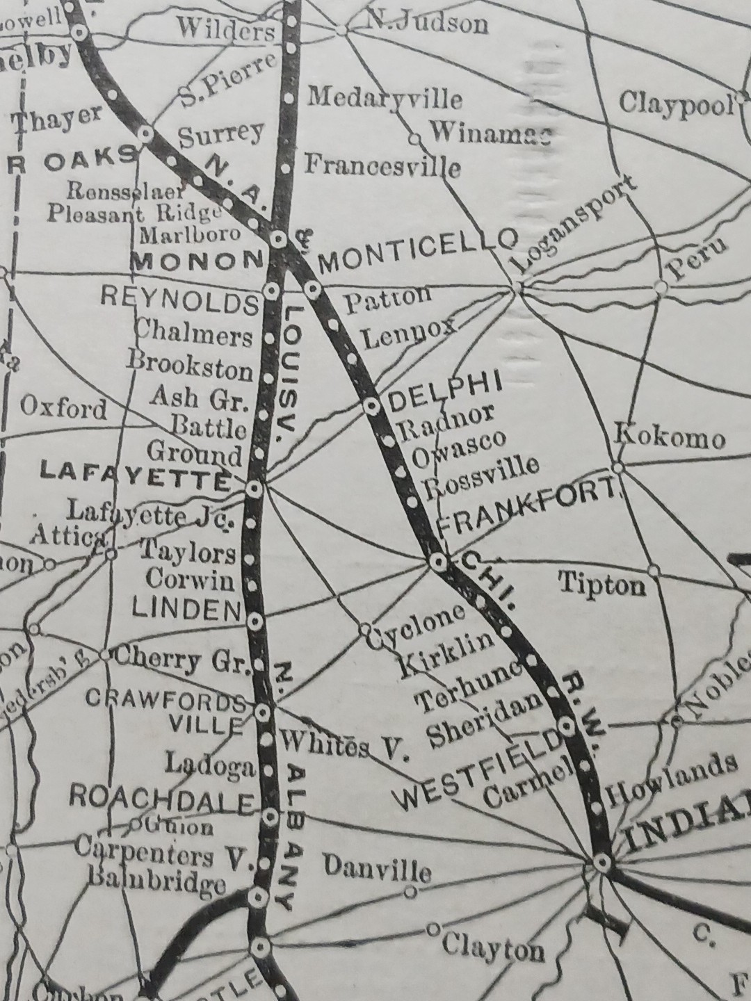 ~1896 Antique Train Route Map LOUISVILLE NEW ALBANY & CHICAGO RAILWAY Indiana RR